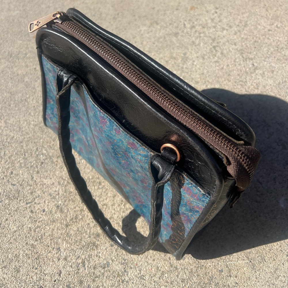 Patricia Nash Black Blue Leather Kimono Tapestry Crossbody Floral Embossed Purse - Picture 9 of 13